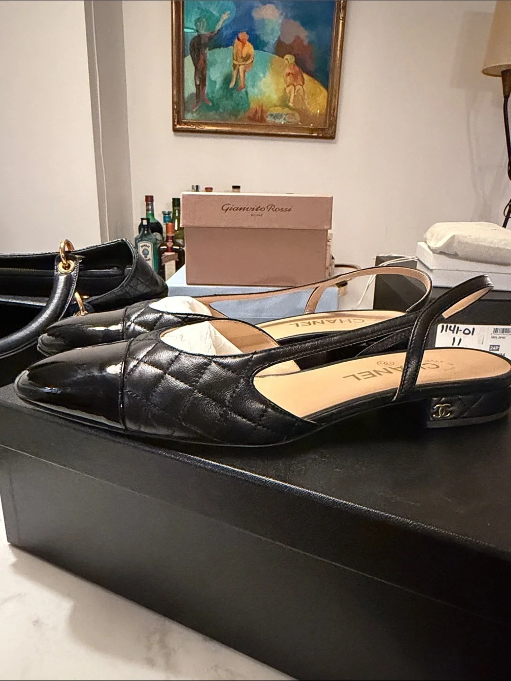 CHANEL Black Quilted Slingback Flats with Patent Leather Toe, sz 40.5